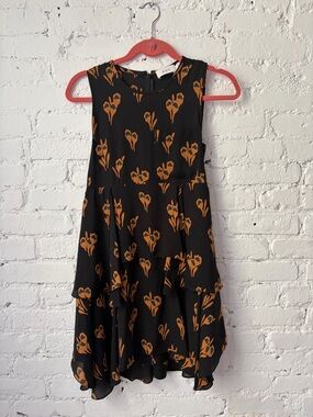 A.L.C. 100% Silk Black Floral Print Mini Dress with Tiered Hem
